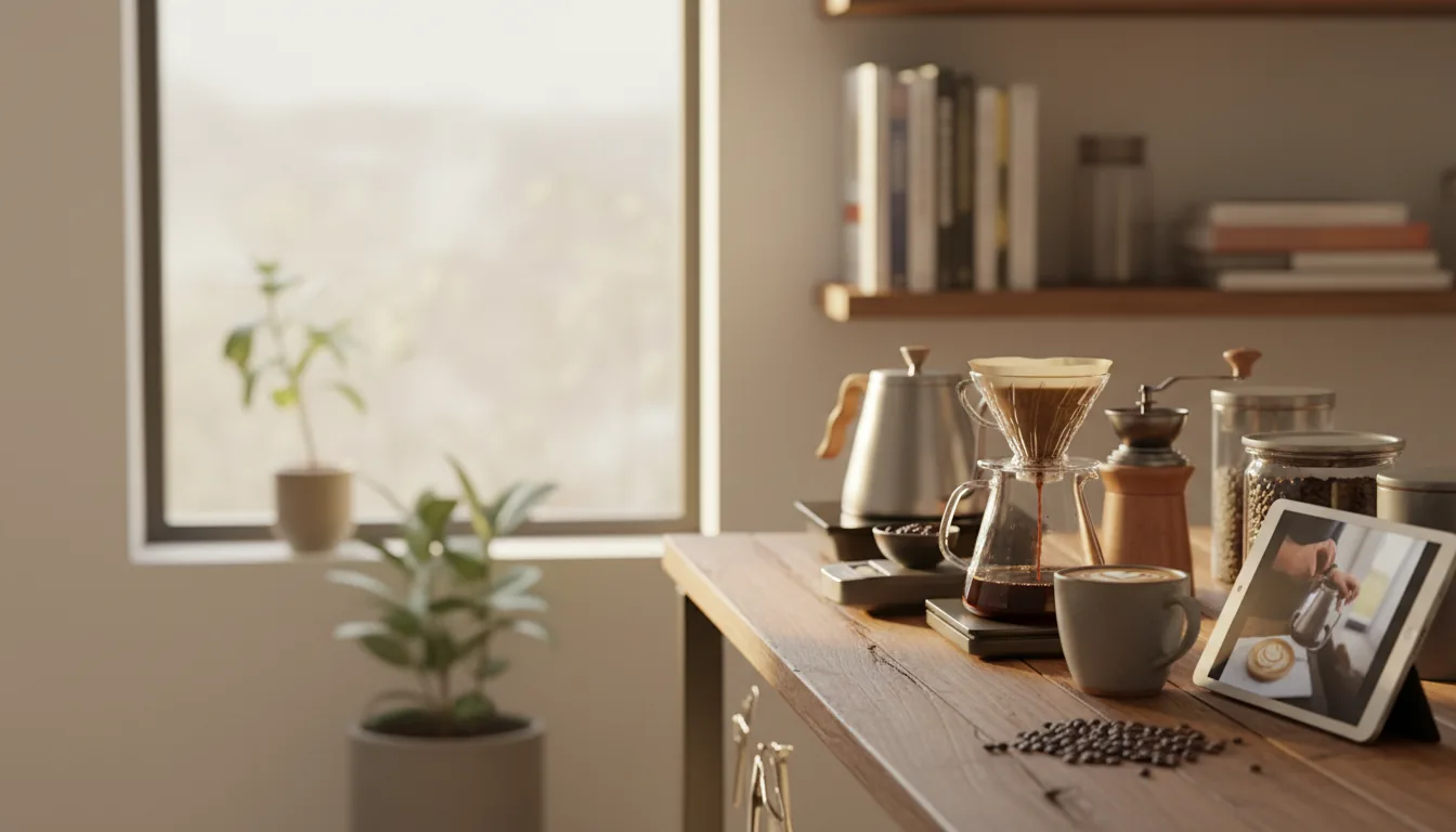 Pour-over coffee dripper on a mug, steam rising, brewed at home